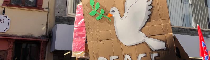 Demoschild mit Friedenstaube und Schriftzug PEACE beim Rosenmontagszug 2022 in Köln